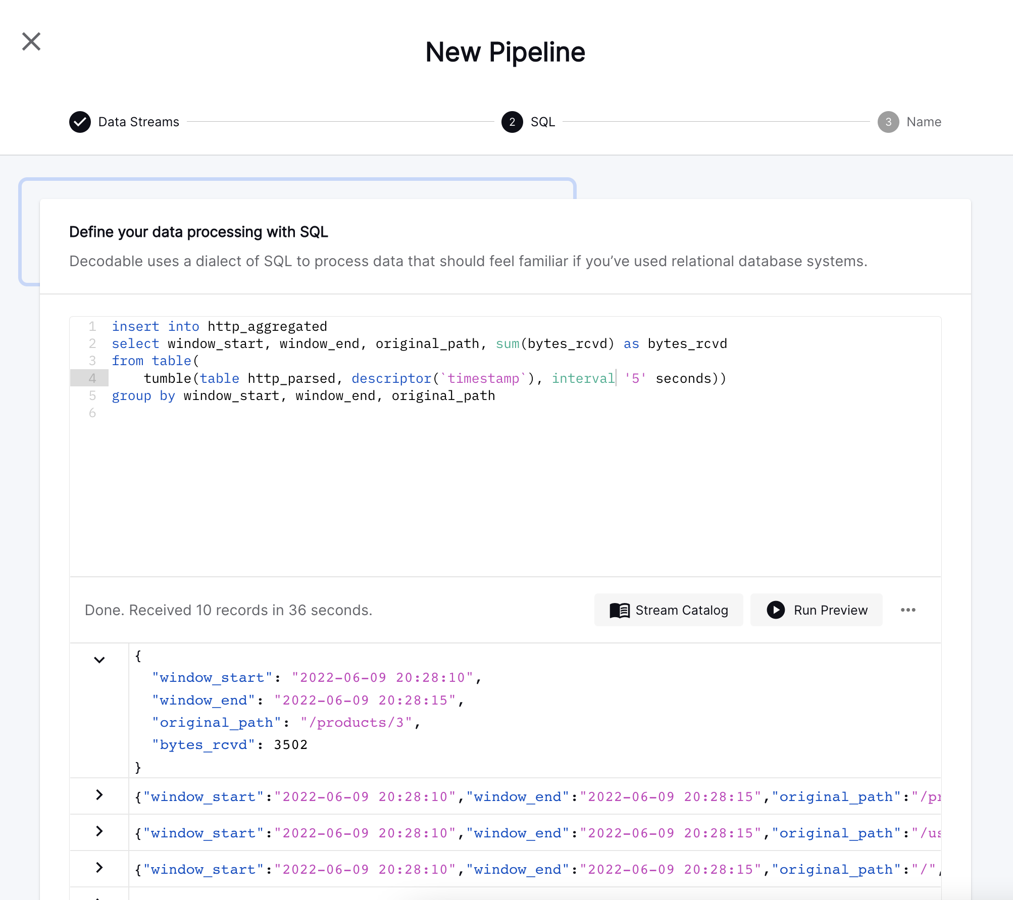 windowing http parsed pipeline preview